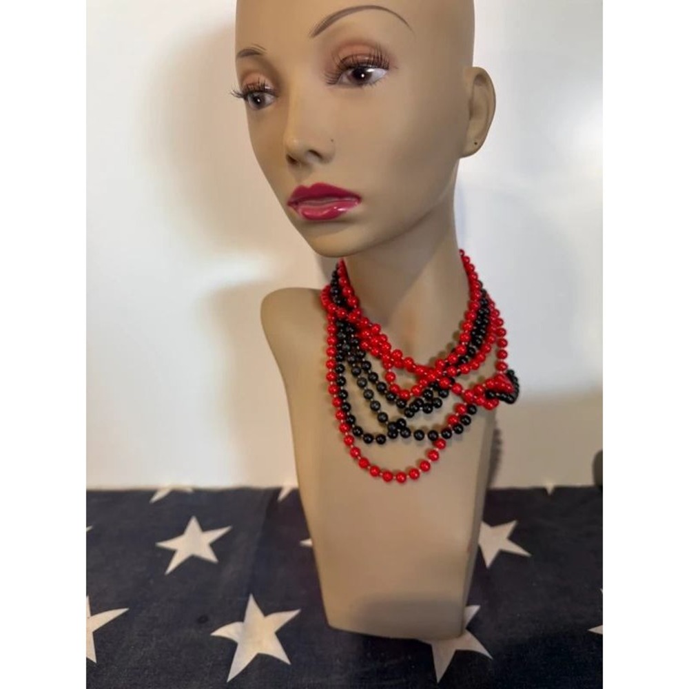 Red & Black Beaded Multi Strand Layered Statement Necklace